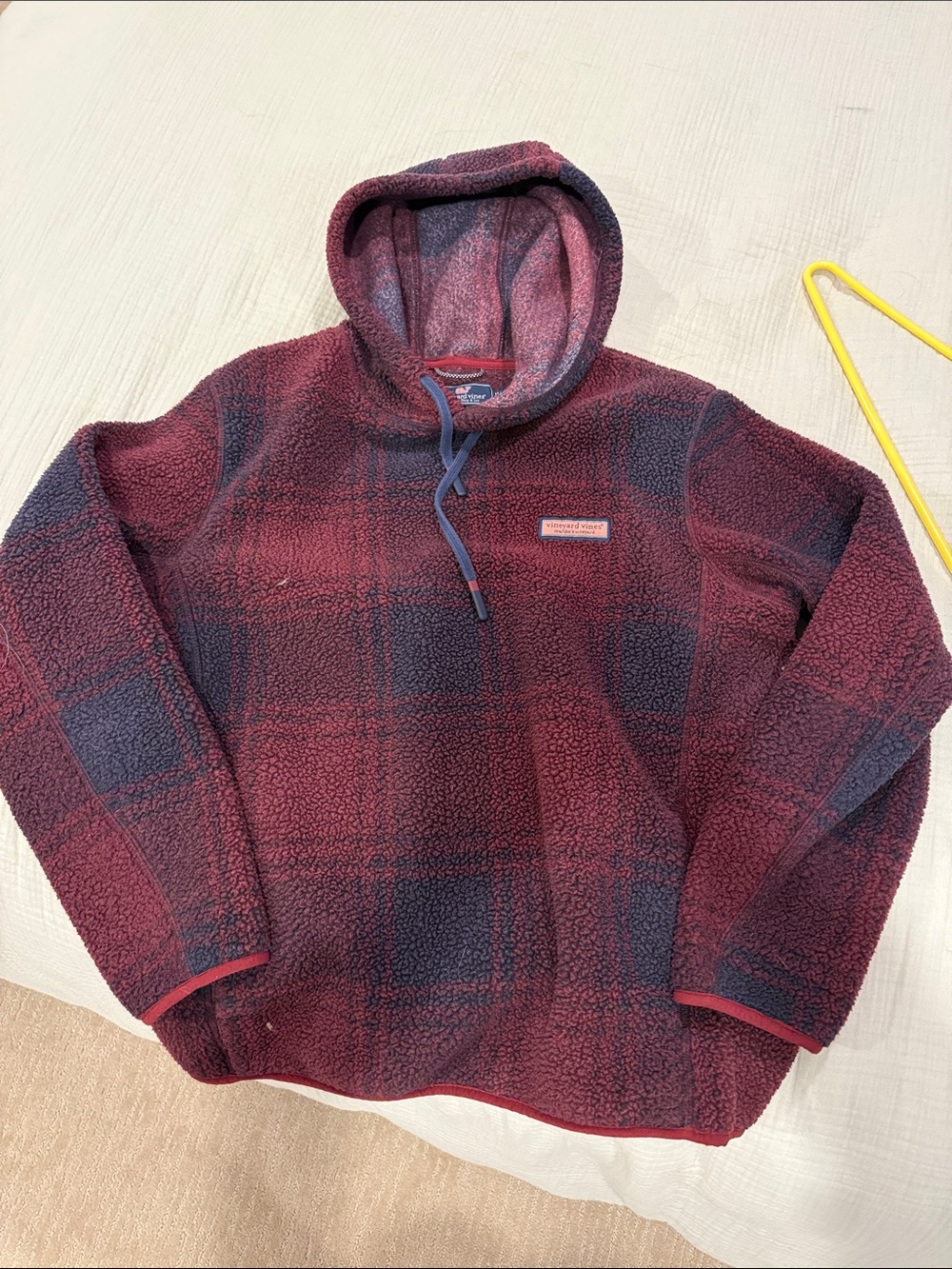 Vineyard Vines Men's Hooded Sherpa Pullover - Burgundy and Navy Plaid